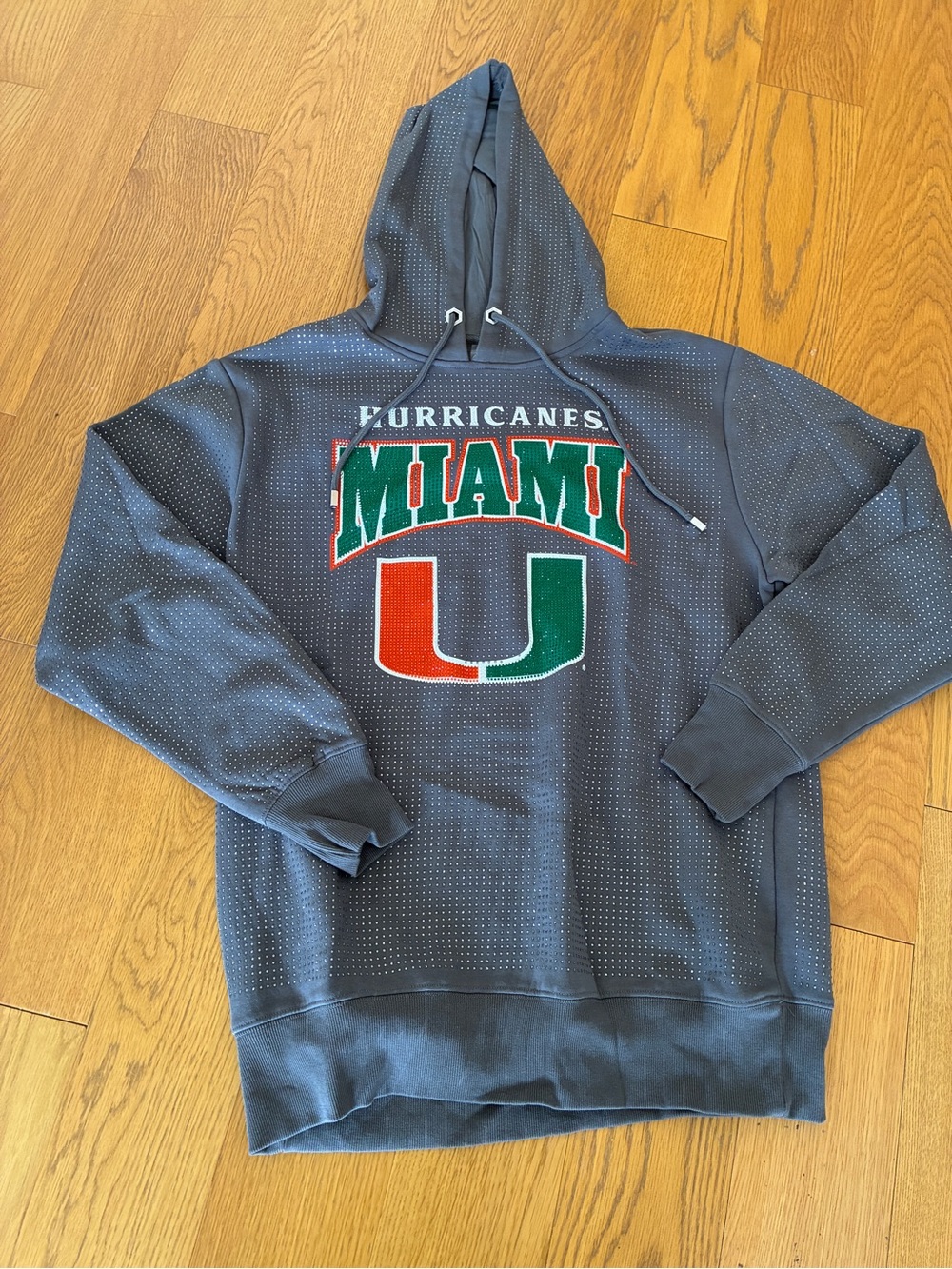 Miami Hurricanes Gray Hooded Pullover Sweatshirt with Rhinestones Size Medium